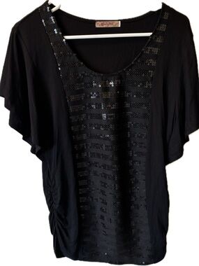E98 PaulnKC Black Sequin-Front Women's Top, Size L